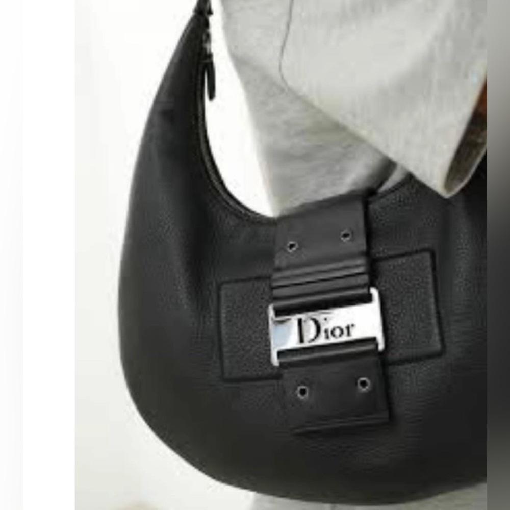 AUTH DIOR STREET CHIC mini Hobo Cressent Bag black Leather silver logo plaque